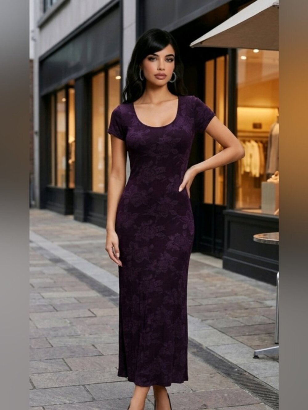 Gen X Vintage Whimsigoth  Vampy Floral Purple Midi Dress  SZ M Cap Sleeve
